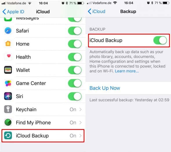 Activate automatic iCloud backup