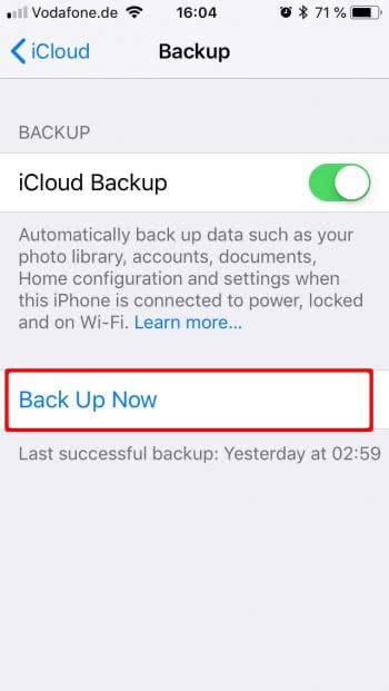 Activate iCloud backup manually
