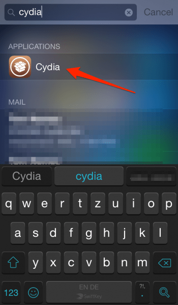 cydia in spotlight search on iPhone