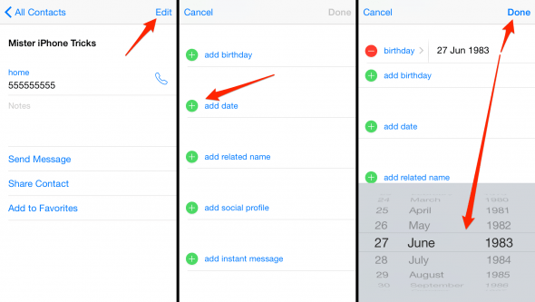 how to add a birthdate to an existing contact on iPhone