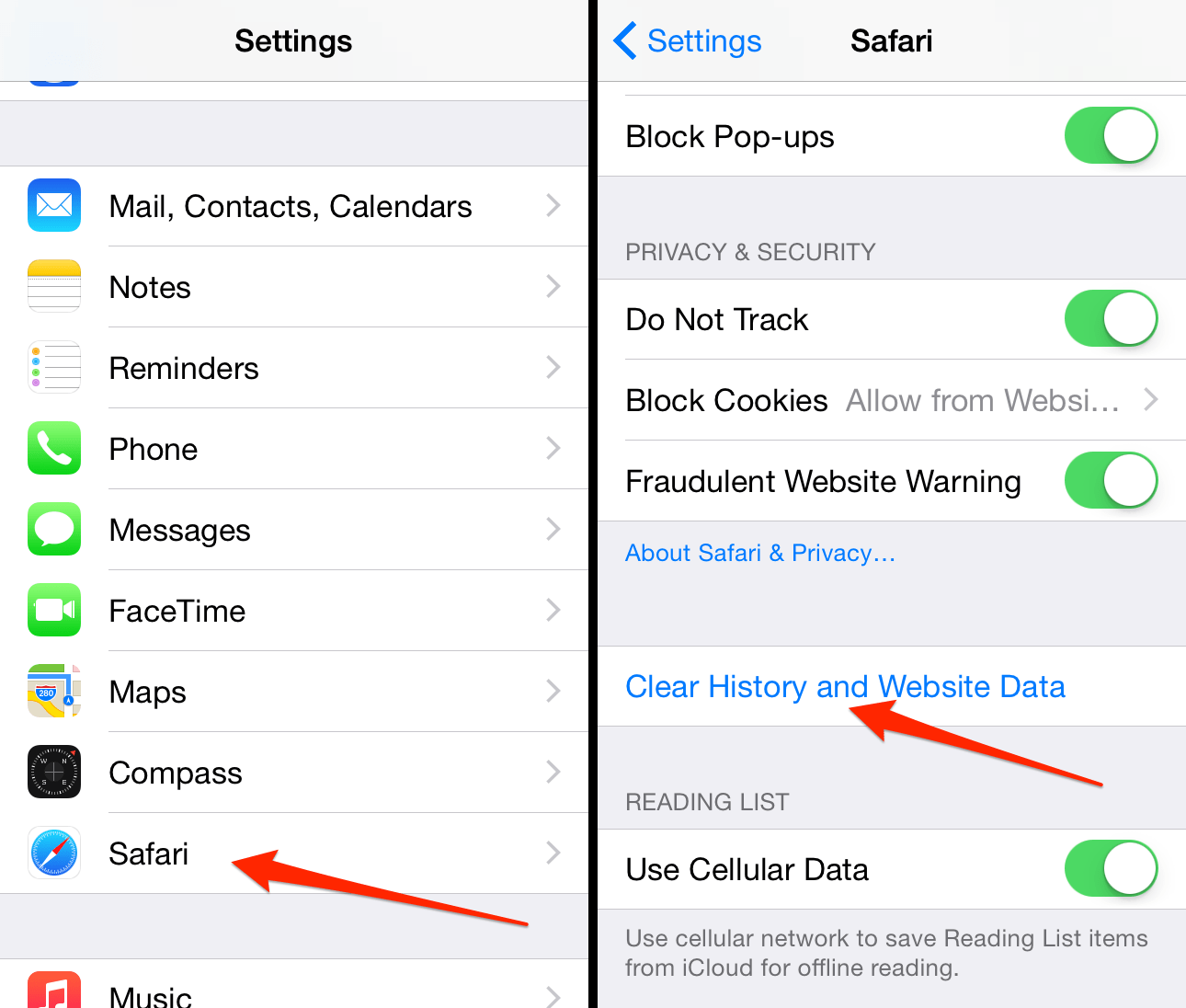 iphone safari clear history and data