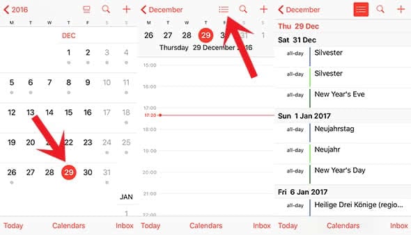 Screenshots show how to get to the list view of the Calendar app