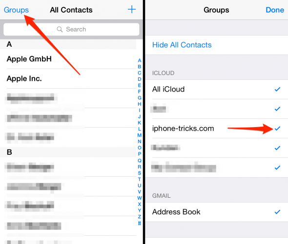 how to hide a contact group on iPhone