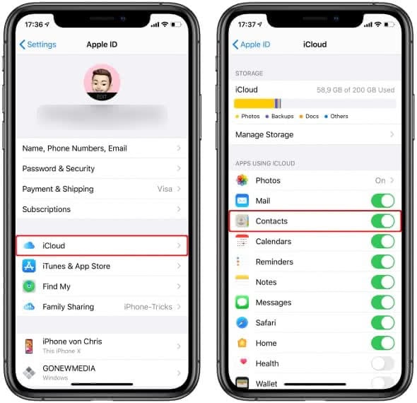 Activate "Contacts" for "iCloud" on iPhone