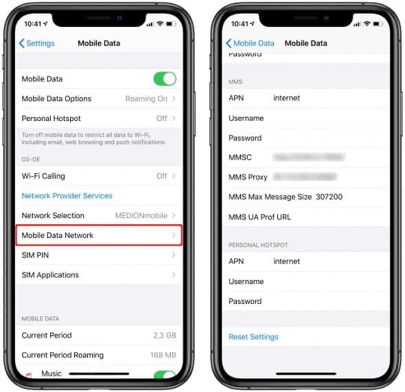 Mobile Data Network settings on iPhone