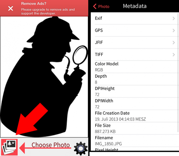 photo investigator - retrieve metadata on iPhone