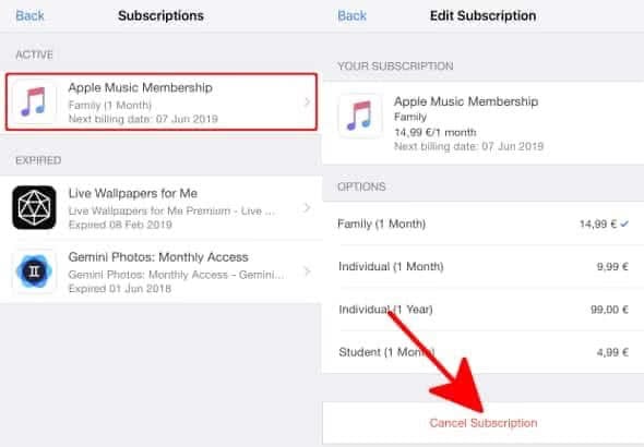 Cancel Apple Music subscription on iPhone