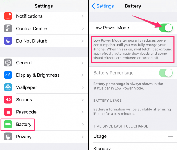 How to enable low power mode on iPhone