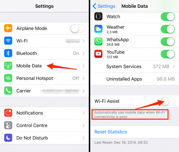 how to turn off wifi assist on iPhone