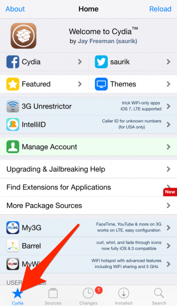 Cydia app iOS 15.3 start page