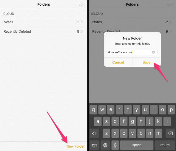 how to create a new folder in the notes app