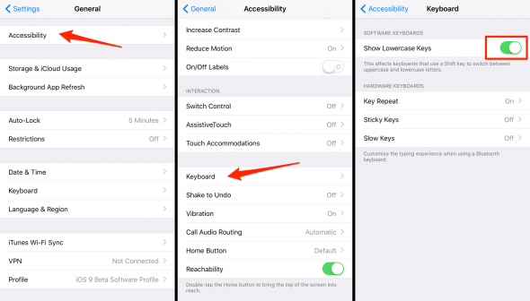 how to disable the -show lowercase keys- option on iPhone