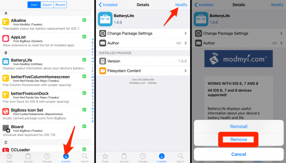 how to remove cydia tweaks and cydia apps (packages)