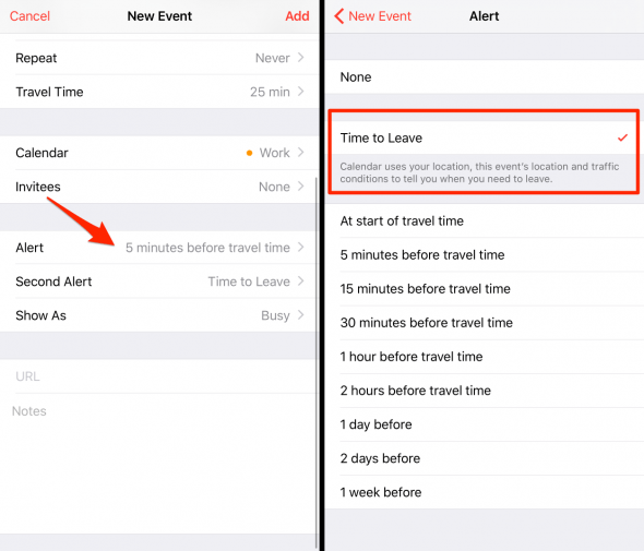 how to set up the time to leave for iPhone calendar alerts