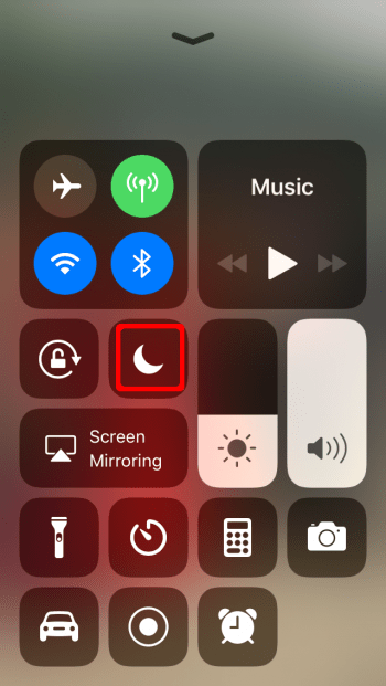 Control Center Do Not Disturb Mode activated