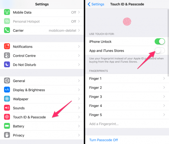 how to turn off Touch ID for the app store