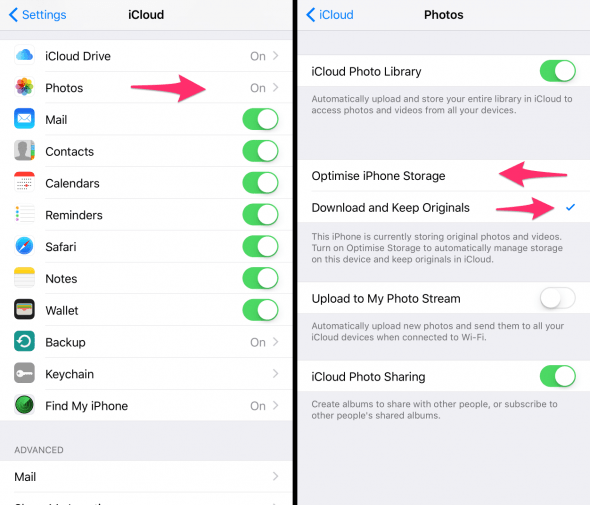 iCloud Photo Library settings switch