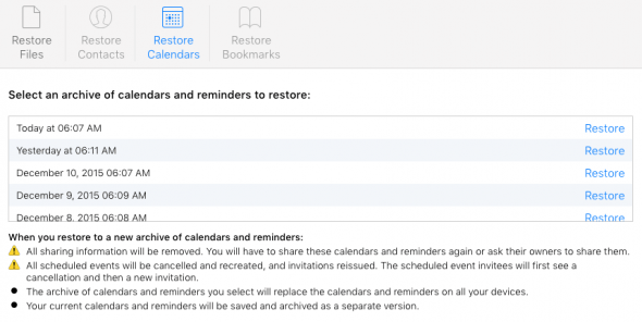 how to restore calendars in iCloud