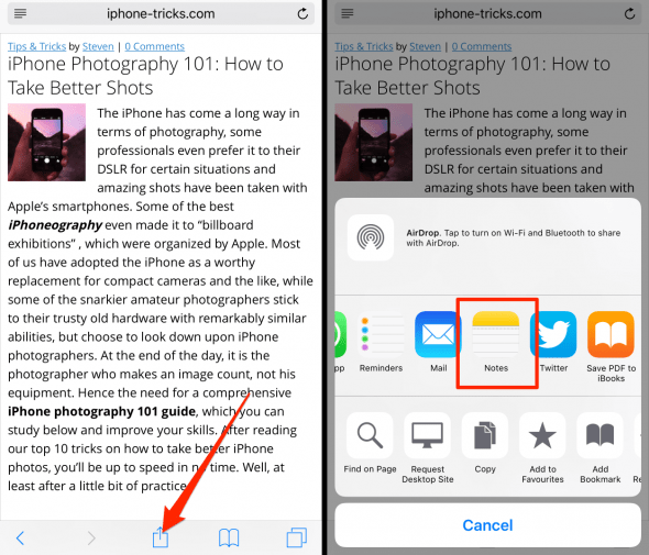 how to save a web article into a note on iPhone