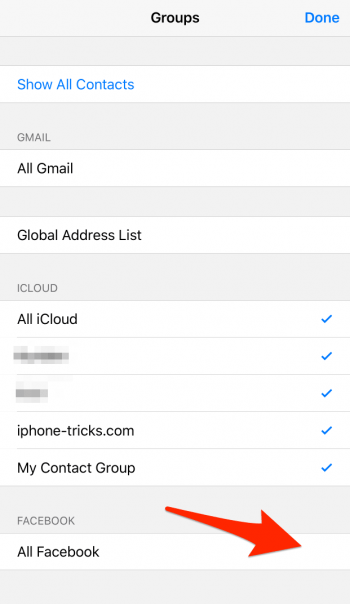 how to manage contact groups and disable Facebook contacts