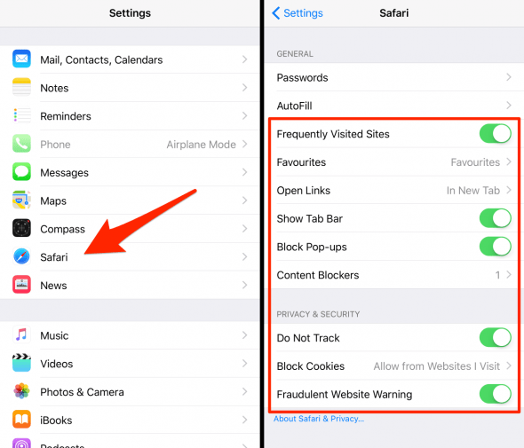 privacy features in safari settings