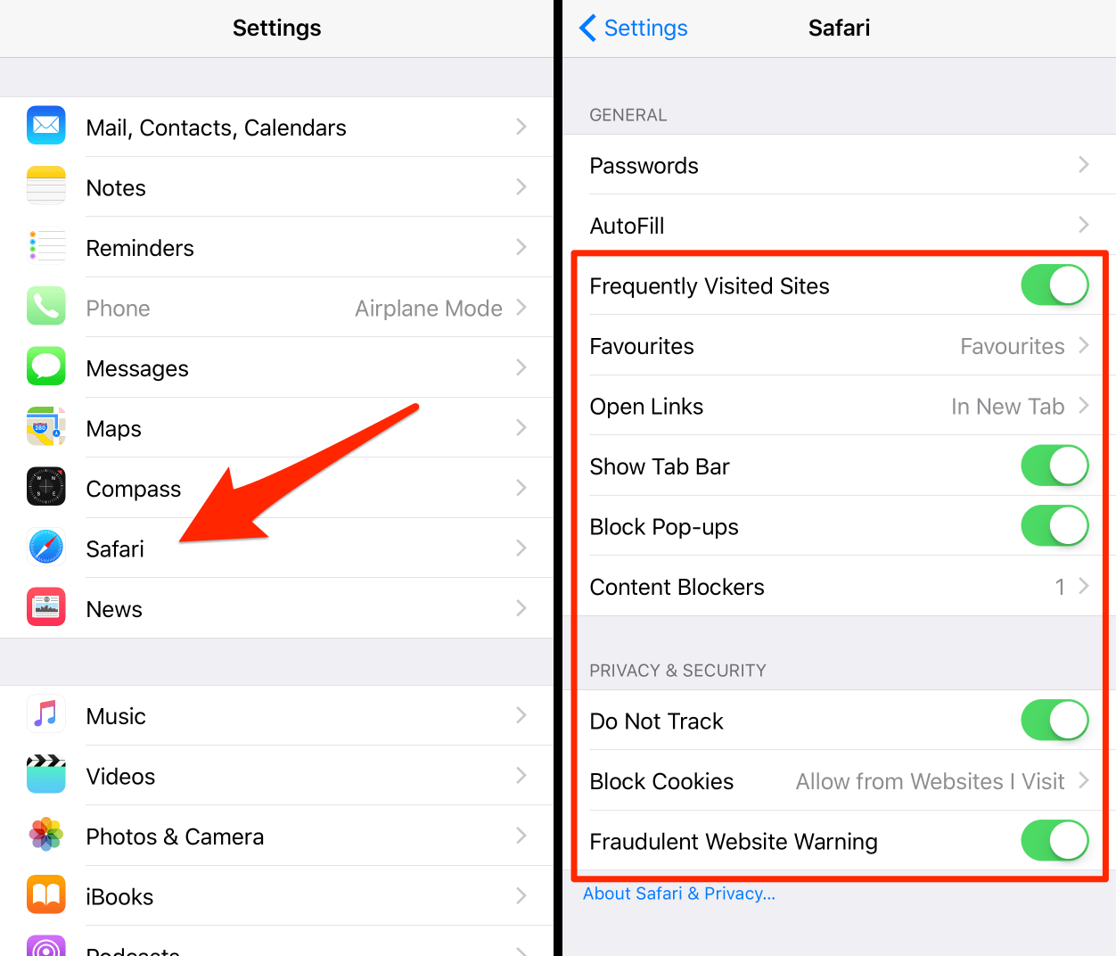 browser settings on iphone