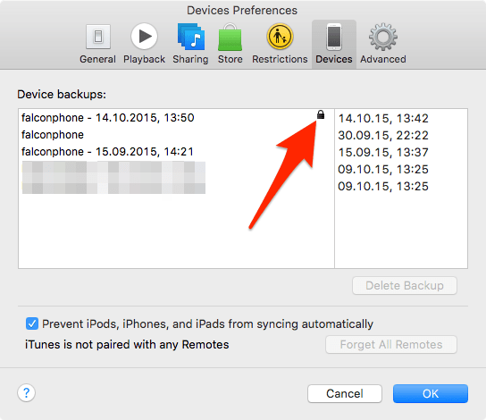 encrypted backup list in itunes