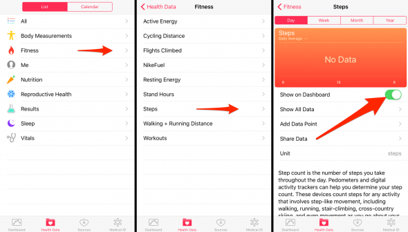 how to add steps to your dashboard in the health app