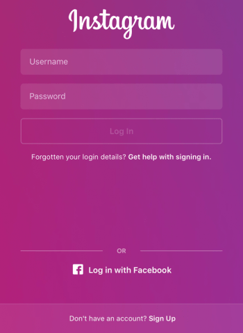 instagram log in page
