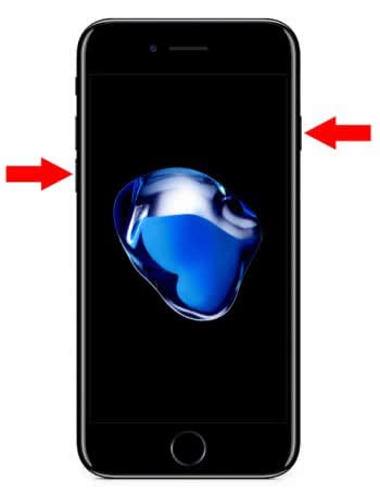iPhone 7 with arrows on left and right side, which point out the Sleep/wake and the Volume down button buttons for a Hard Reset