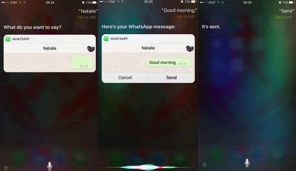 Three screenshots to show how Siri guides you through the process of sending a message to a contact.