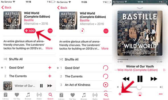 Three screenshots show how to download music in Apple Music