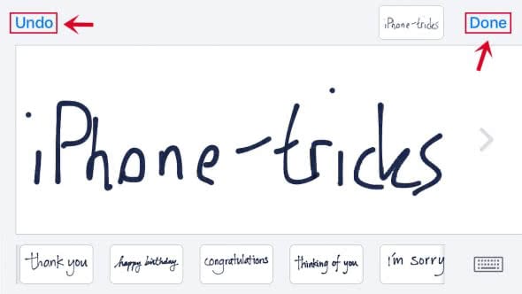 Screenshot of the handwriting feature, that shows a handwritten text in the middle (iPhone tricks) and points out the 2 buttons at the top