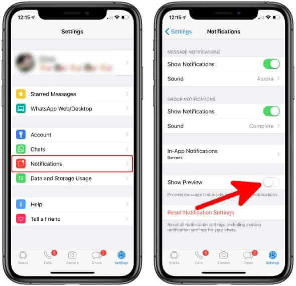 Hide message text previews of whatsapp notifications on iPhone