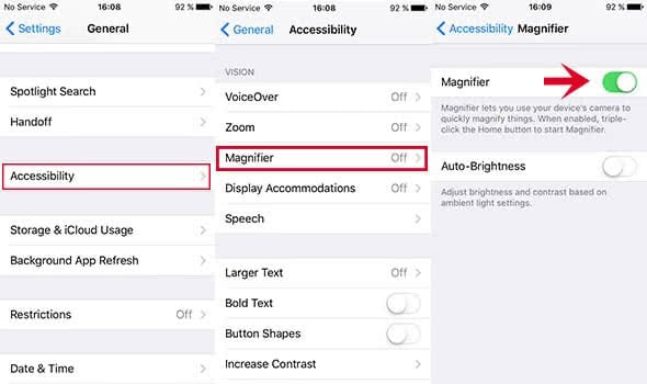 Three screenshots show how to setup the Magnifier feature