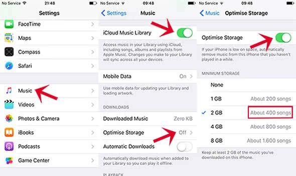 Three screenshots show how to set up a storage limit to your iPhone by using red arrows