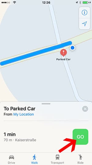 Find your parked car in maps