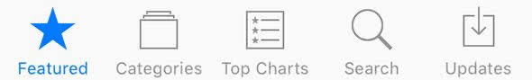 Bottom menu of the App Store shows: Featured, Categories, Top Charts, Search, and Updates