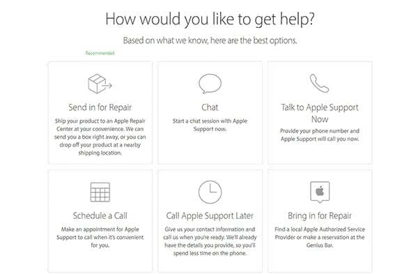 Screenshot of Apple's Support Page