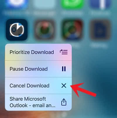 Quic Action menu for app downloads, an arrow points at "Cancel Download"