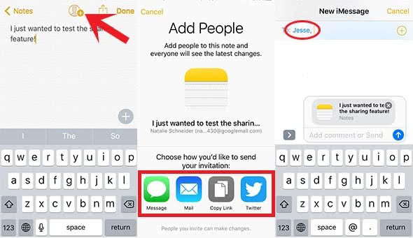 Three screenshots explain how to share a Note via iMessage