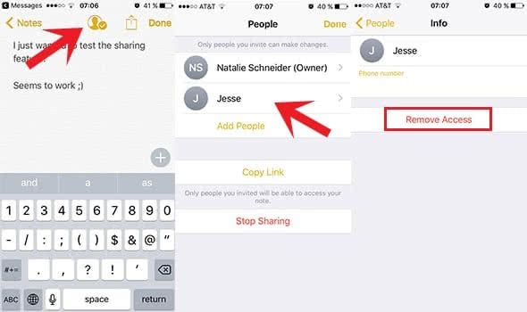 Three screenshots show how to manage a shared Note