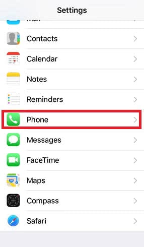 Screenshot of the Settings with Phone highlighted