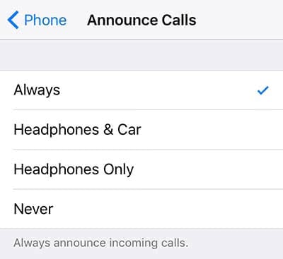 The four options of the feature "Announce Calls"