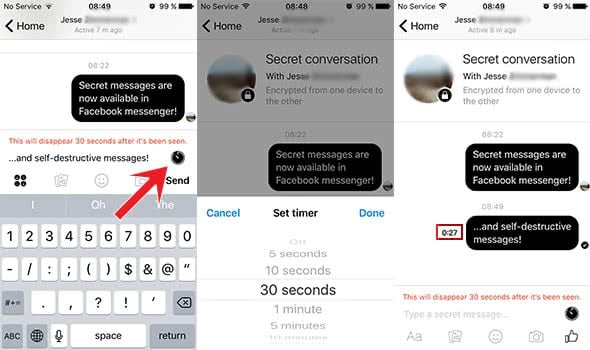 Screenshots show how to send a self-destructive message by using a timer
