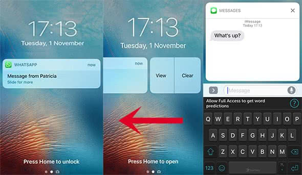 Screenshots that show how to answer a WhatsApp message from Lock Screen without 3D Touch and without showing online status in WhatsApp