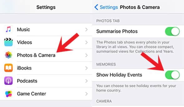 Settings for showing the holiday events in Photos app