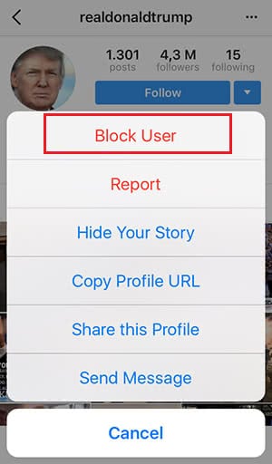 Block user on Instagram