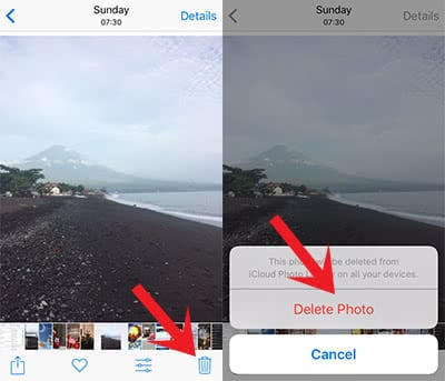 Screenshots show how to delete a photo in the Photos app