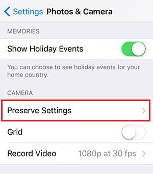 Navigation step in the settings for preserving the camera settings